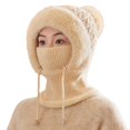 thumbnail image 4 of Women's Winter Plush Hat with Integrated Face Mask and Scarf, Fleece Lined Knit Beanie with Neck Warmer, Cold Weather Balaclava Style Cap, Warm Hooded Mask Hat for Outdoor Activities - Beige, 4 of 6