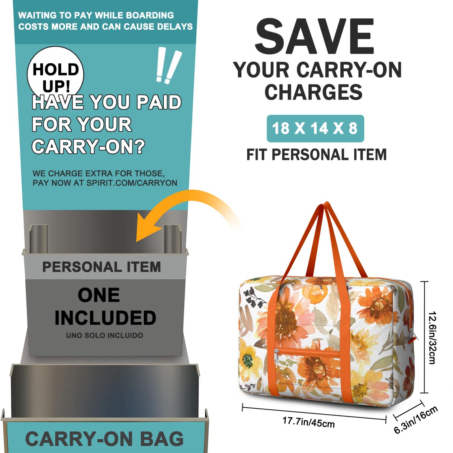 For Spirit Airlines Personal Item Bag 18x14x8 Inch, Floral Weekender Travel Bag, Foldable Travel Duffel Bag Underseat Carry on Bag with Luggage Sleeve for Women and Men 30L
