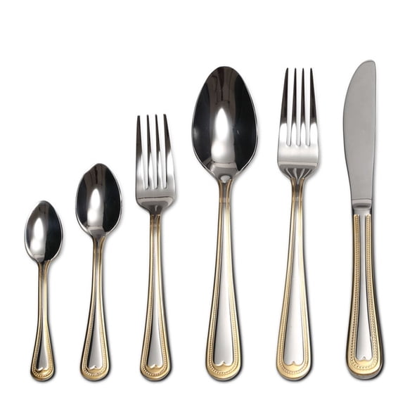 Venezia Collection 75-Piece Fine Flatware Set, Silverware Cutlery Dining Service for 12, Premium 18/10 Surgical Stainless Steel, 24K Gold-Plated (gold sets only) Hostess Serving Set (Beads)