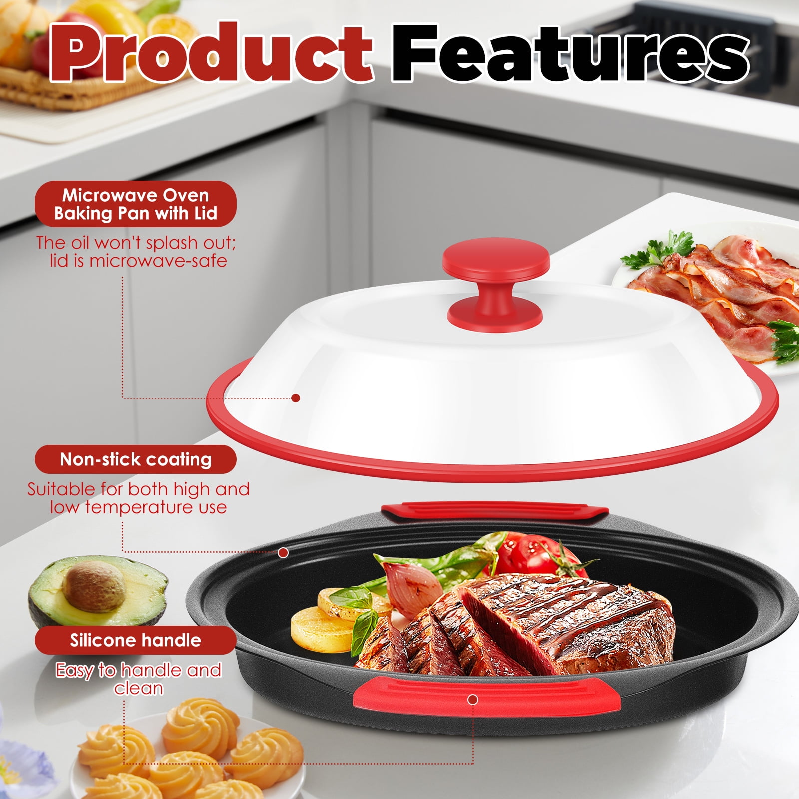 Qenwkxz Microwave Bacon Cooker, Red Microwave Bacon Grooved Cooking Tray with Splatter Lid, Microwave Grill Pan, Easy to Clean, Convenient Kitchen Tool, Dishwasher Safe