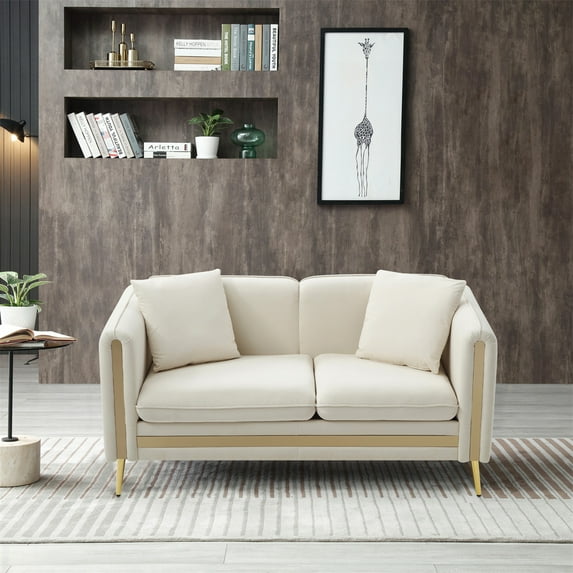 59'' Velvet Loveseat Sofa, Upholstered Accent Sofa with 2 Pillows and Side Pocket, 2 Seater Couch with Removable Cushions and Gold Metal Legs, Modern Arm Sofa for Living Room Bedroom Office, Beige