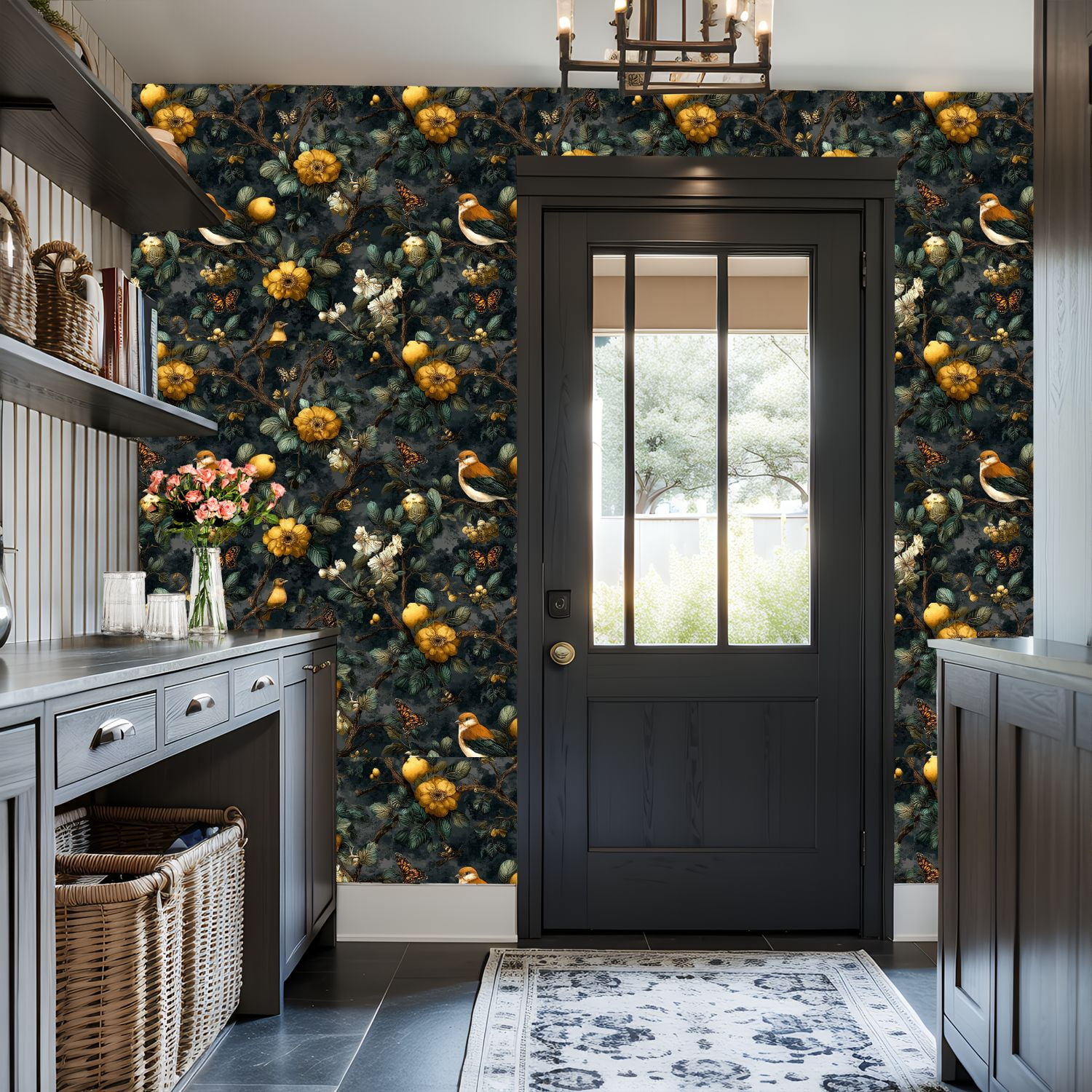 Peel and Stick Wallpaper 17.7in x 9.8ft Vintage Botanical Birds Butterflies Golden Flowers Dark Contact Paper Vinyl Self-Adhesive Removable Wall Paper for Bedroom DIY Home Decor Renter Friendly