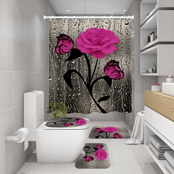 4 Pcs Shower Curtain Sets Non-Slip Rugs Bath Mat Toilet Cover U Shaped Mat Print Shower Curtain with 12 Hooks Pink Rose Bathroom Set