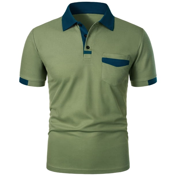 Playera Elvqul de Caballero Casual Manga Corta Liso Verde Cuello Mao