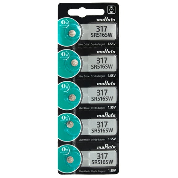 Murata 317 SR516 SR516SW 5-Pieces Silver Oxide Button Coin Battery