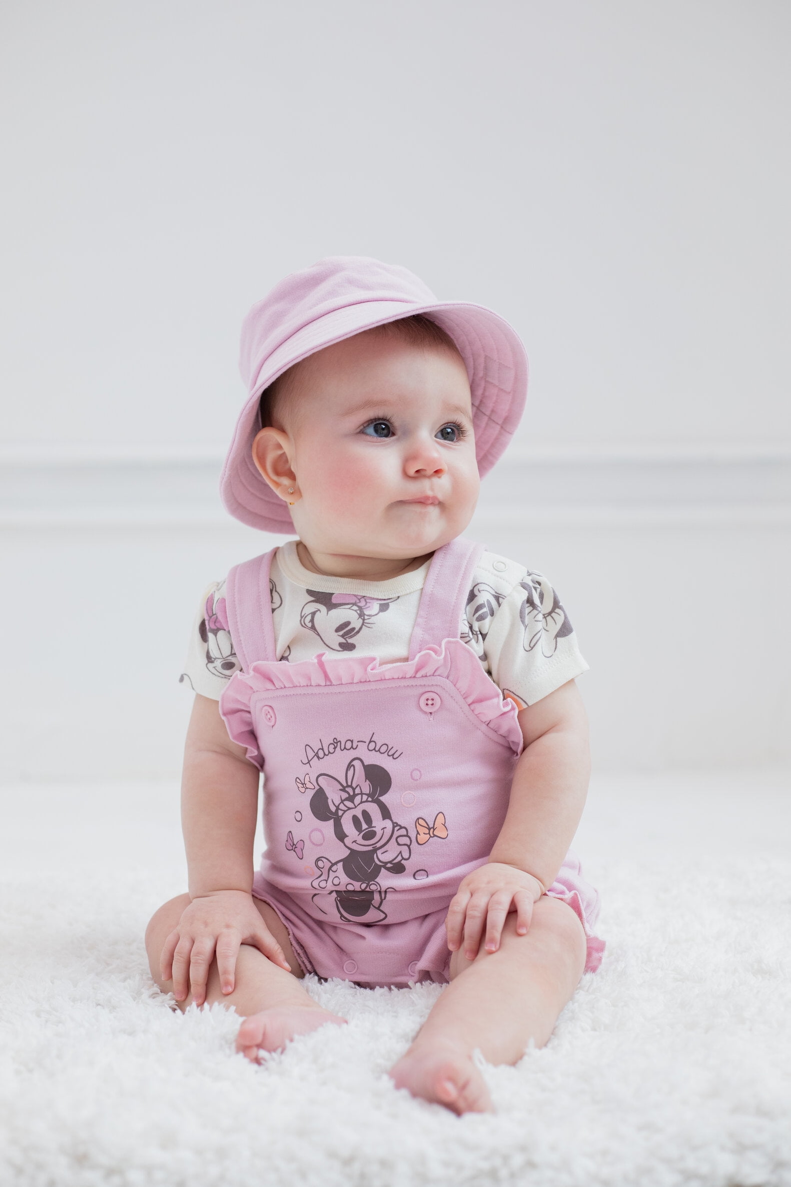 Disney Minnie Mouse Infant Baby Girls French Terry Short Overalls T-Shirt and Hat 3 Piece Outfit Set Newborn to Infant