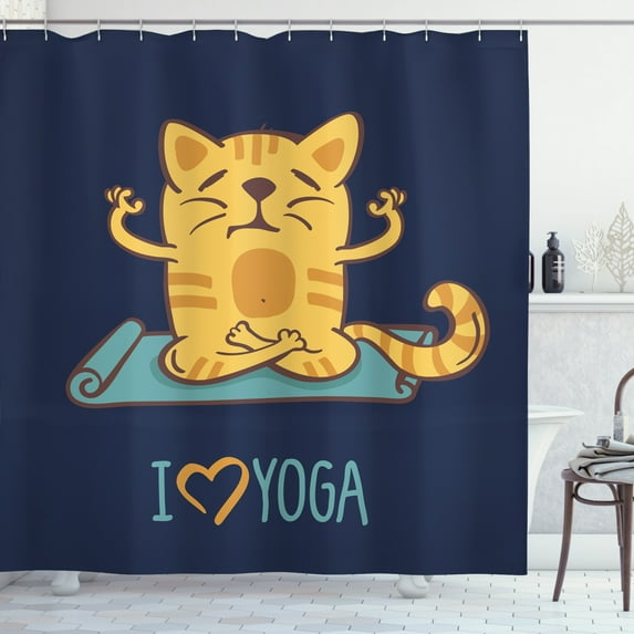 Ambesonne Cartoon Shower Curtain, Cat Lotus Position, 69"Wx70"L, Pale Blue Dark Blue