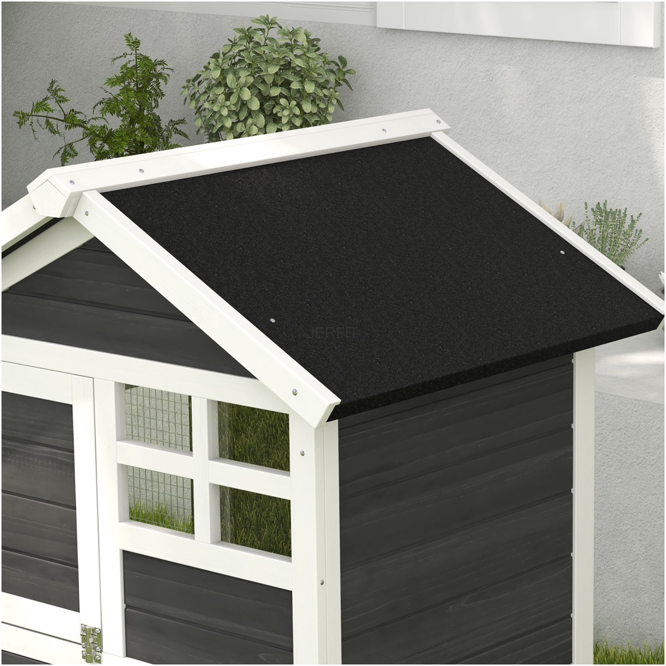 JERFIT 48 Inch Outdoor Rabbit Hutch with Waterproof Roof, Removable Tray & Ramp, Bunny Cage with Open Play Area, Grey and White