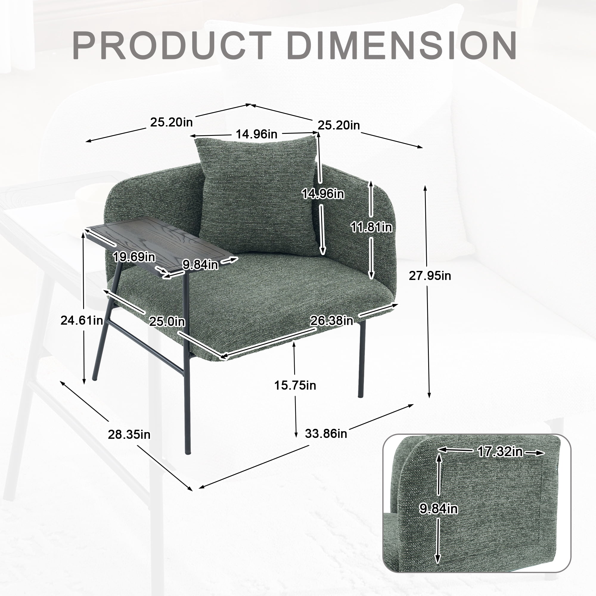 Emerald Green Accent Lounge Chair with Back Pillow and Side Table, Upholstered Single Sofa Armchair with Metal Legs, Reading Seating for Living Room Bedroom