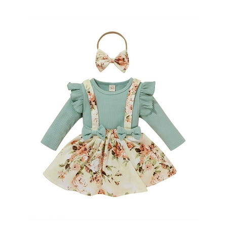 

elfinBE Infant Baby Girl Long Sleeve Top Floral Printed Halter Skirt And Hairband Three-piece Set 3-24M