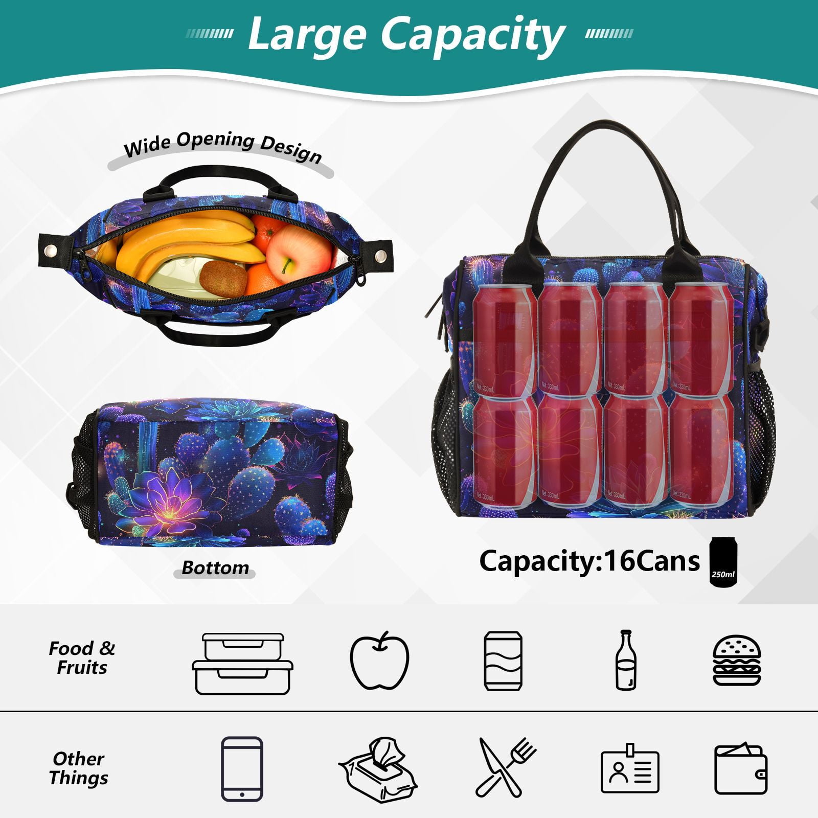Ckdifva Glowing Flowers Cactus Cooler Bag Cooler Cooling Tote Lunch Bag Lunch Box Front Pocket with Shoulder Strap