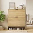 thumbnail image 3 of Shoe Storage Cabinet – Fluted 32" Wide – 2 Flip Drawer Doors – Tall Freestanding – Hidden Shoe Rack – Entryway, Hallway & Living Room – Natural, 3 of 8