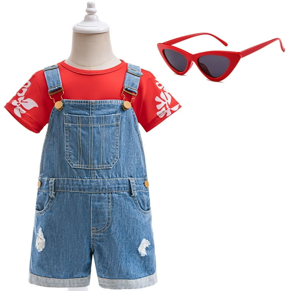 Hawaiian Little Girls Costume with Sunglasses Outfits Red Leaf Shirt Overalls Cosplay Set for 1-7Y