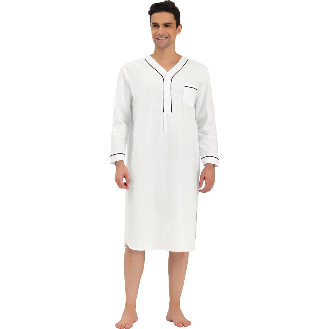 Unique Bargains Men s Nightshirt Cotton Sleep Shirt Long Sleeve Nightgown Sleepwear White XL