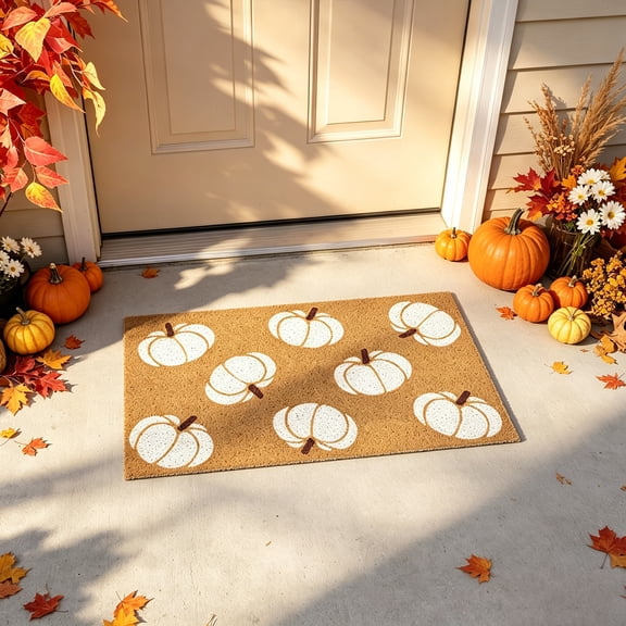 Halloween Pumpkin Door Mat, Fall Layered Doormat Set, Neutral Pumpkin Mat with Stripe for Autumn Thanksgiving Front Porch