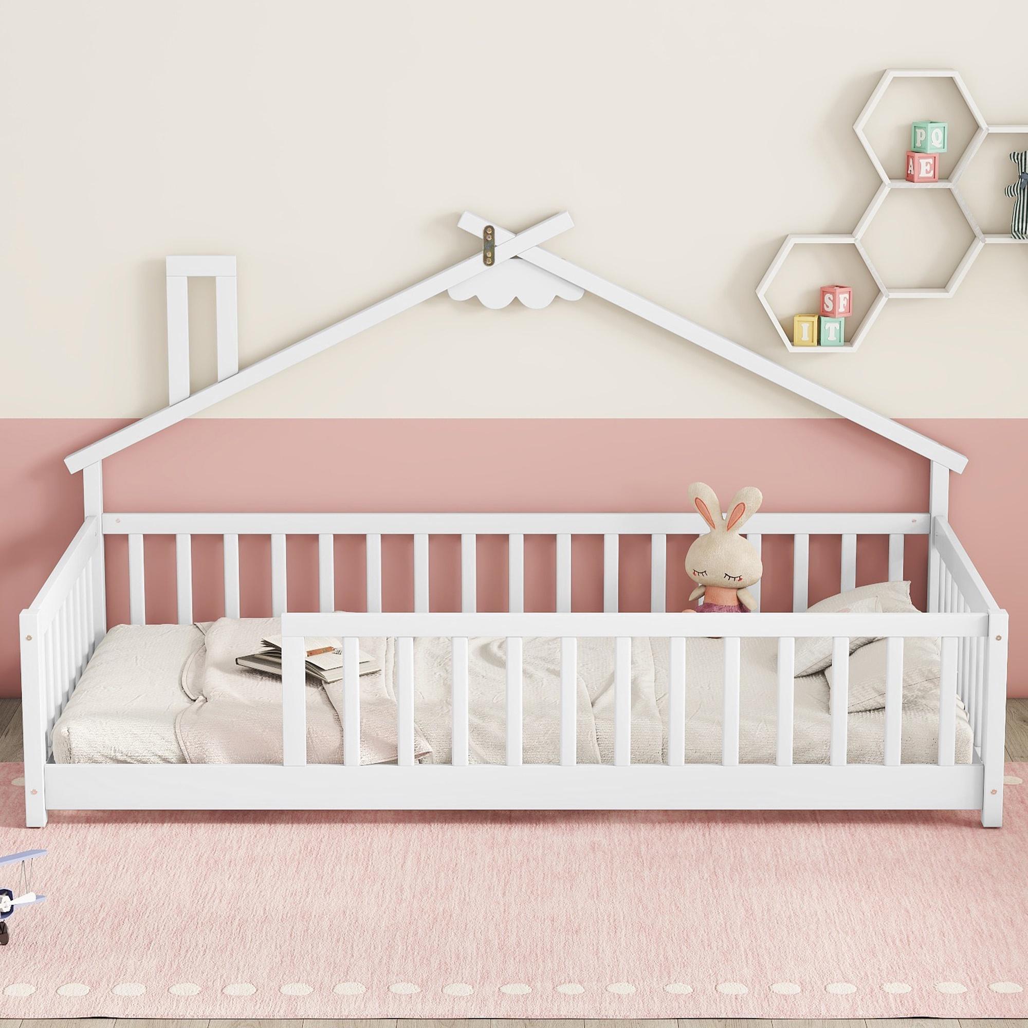 PORKISS Kids Montessori Floor Bed, Twin Floor Bed with Fence for Girls and Boys, without Door, White