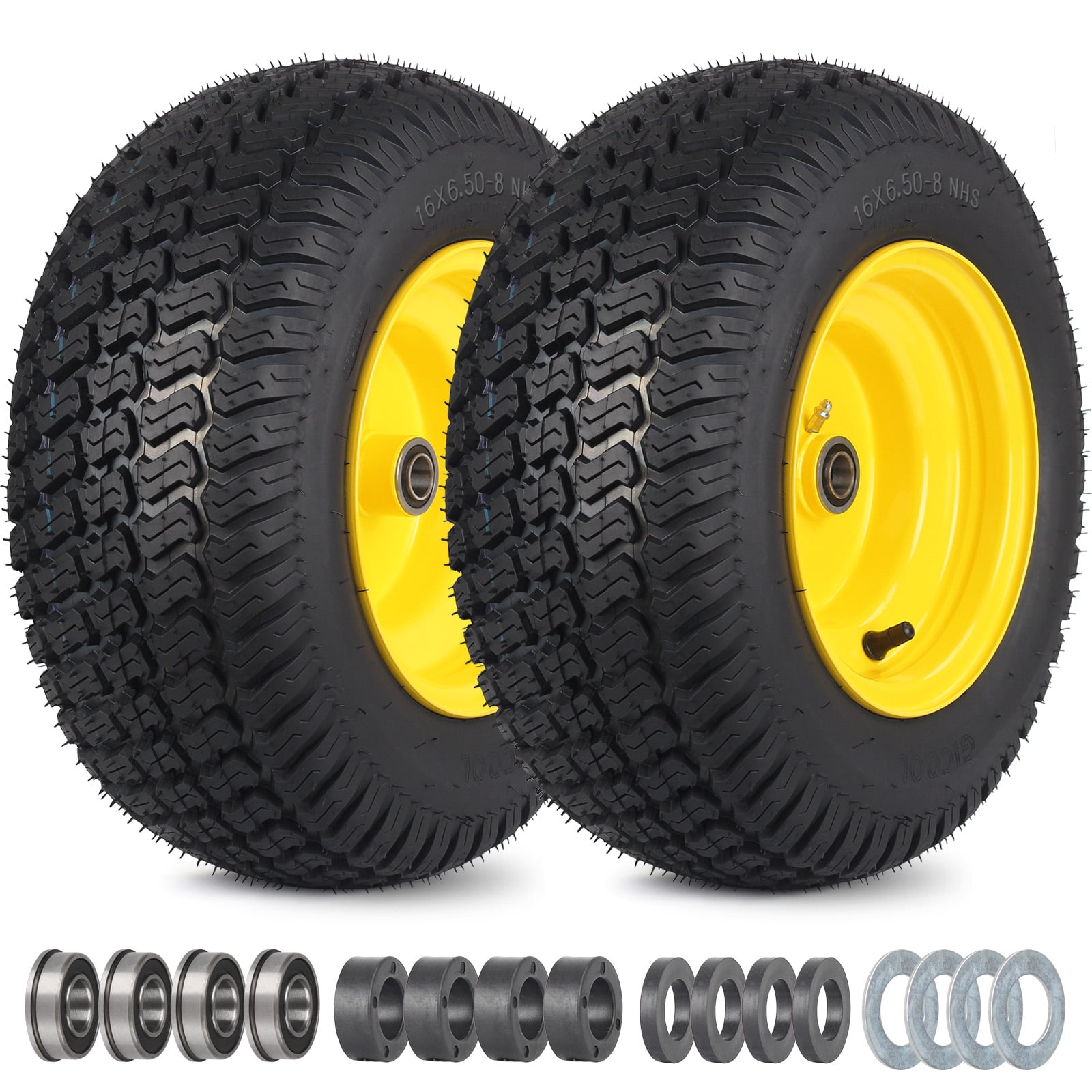 GICOOL 16x6.50-8 Tubeless Tire and Wheel 16x6.5-8 Lawn Mower Tires 3 -4.5 Offset Hub 3/4 or 5/8 Bearing Universal Fit Riding Mower and Garden Tractor Front Wheel 4 Ply S-Turf Pattern 2 Pack