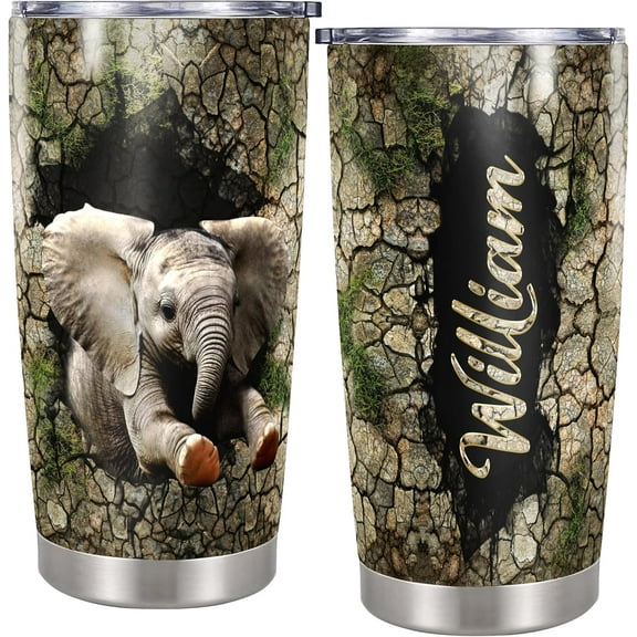 Personalized Elephant Tumbler Insulated Cup Jewelry Style Travel Coffee Mug with Lid Stainless Steel 20 oz Animal Gifts for Women Men Kids Christmas Birthday