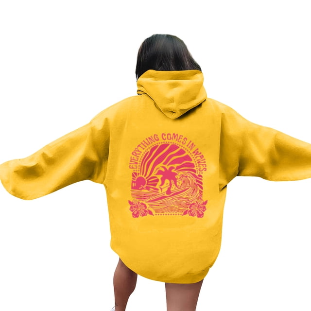 Sudadera con capucha Pink Palm Puff para mujer 2024, Everything Comes in Waves" Sudadera con capucha de gran tamaño Sudadera casual preppy, sudadera con capucha gráfica rosa para niñas Amarillo XL