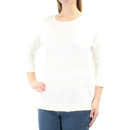 KENSIE Womens White Lace Fringed 3/4 Sleeve Jewel Neck Top Size: M