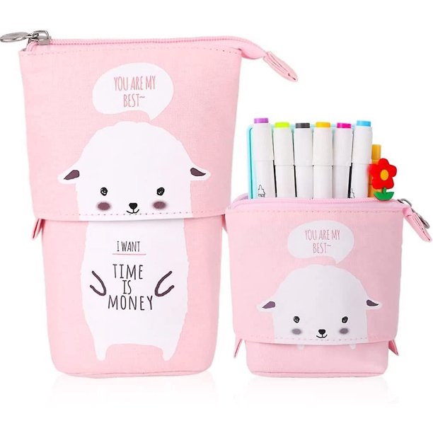 Liangnv Estuche telescópico de dibujos animados con soporte para lápices, bolso para bolígrafos, lindo animal, oficina, estudiante, papelería, bolsa organizadora de cosméticos (oveja blanca)