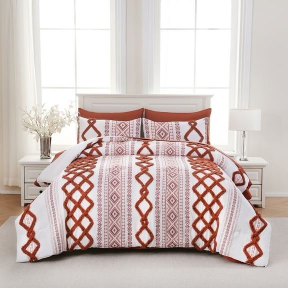 Tufted Comforter Set King Size Boho Comforter Set 7 Pieces Bed in a Bag King 100% Soft Microfiber Filling Aztec Comforter Set Shabby Chic Farmhouse Style Beige and Gray Fluffy Tufted Bedding Set