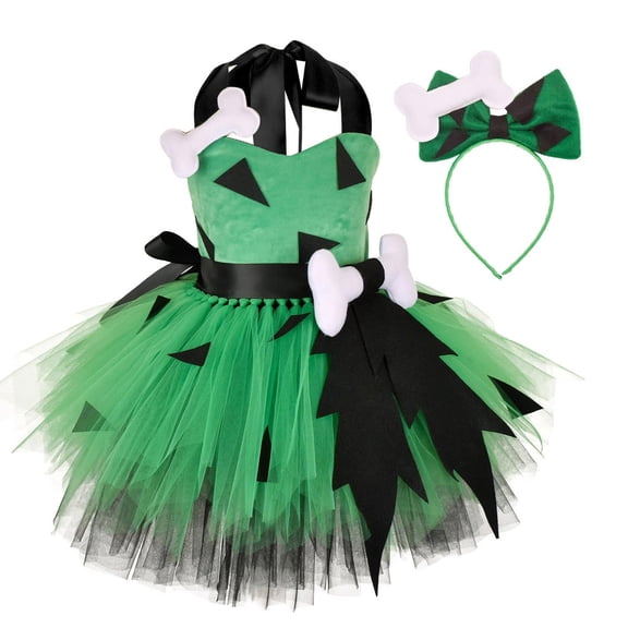 HCBY Girls Caveman STONE Tutu Dress with Bone Headband and Bow, Sleeveless Black Triangle Print Jagged Hem Layered Tulle Party Gown for Halloween Fall Festivals