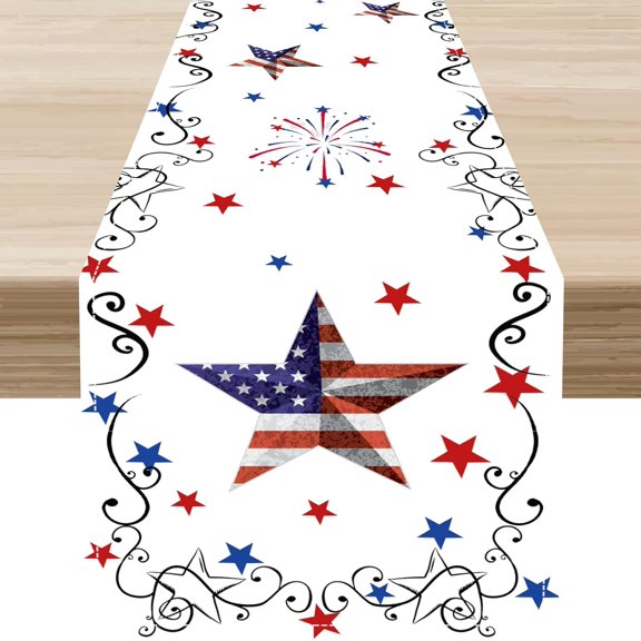4th of July Table Runner, Patriotic Memorial Day American Flag Floral Freedom Star Table Decorations for Kitchen Living Room Home Party Decor 13x36 inch