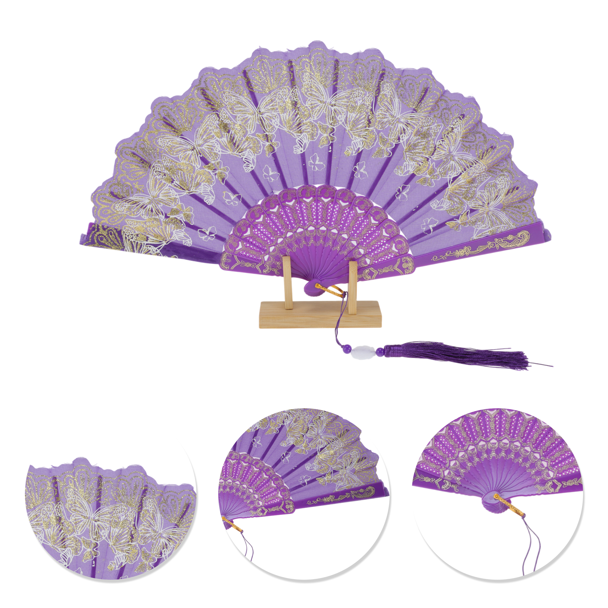Unique Bargains Elegant Butterfly With Tassel Folding Fan 1PC Purple