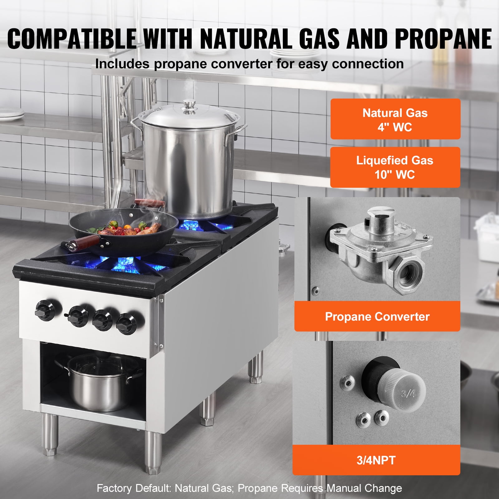 SKYSHALO Dual Burner Gas Range, Versatile for Propane or Natural Gas, Stainless Steel Countertop Cooktop, Ideal for Restaurants, 180,000 BTU