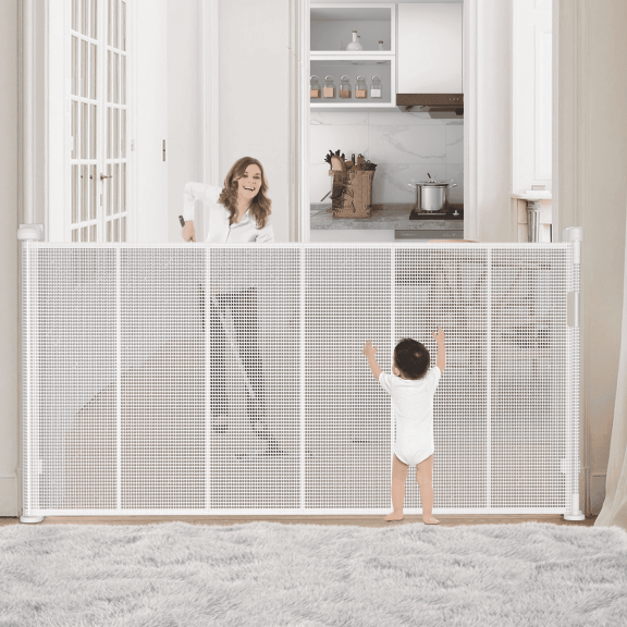 42 inch Extra Tall Retractable Baby Gates, 120 inch Wide Mesh Safety Pet Gate, Extra Wide Dog Gate for Doorways, Expandable for Large Openings, 42"Tall x 120"Wide, White