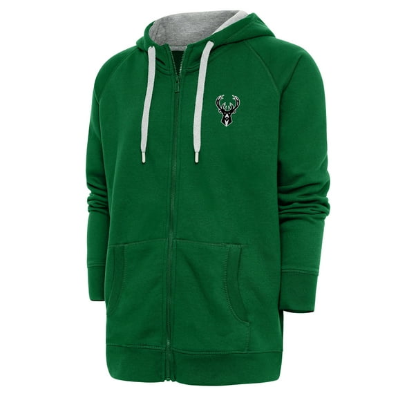 Men's Antigua Hunter Green Milwaukee Bucks Metallic Logo Victory Raglan Full-Zip Hoodie