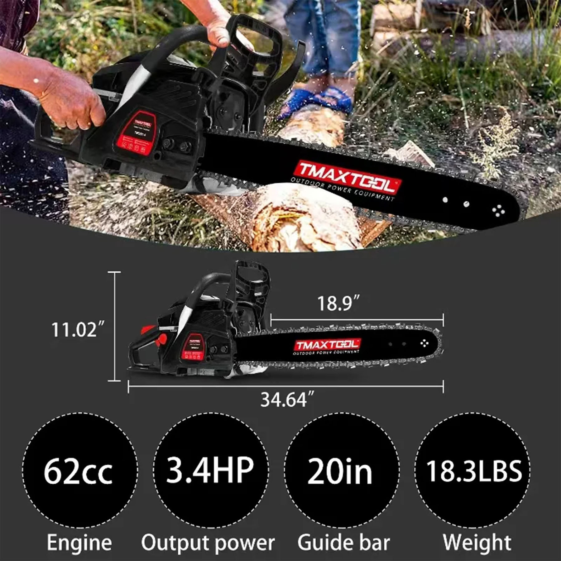 S-HOME 62CC Gas Chainsaw With Ergonomic Handle And 20 Inch Guide Plate Perfect For Pruning And Sawmill Operations