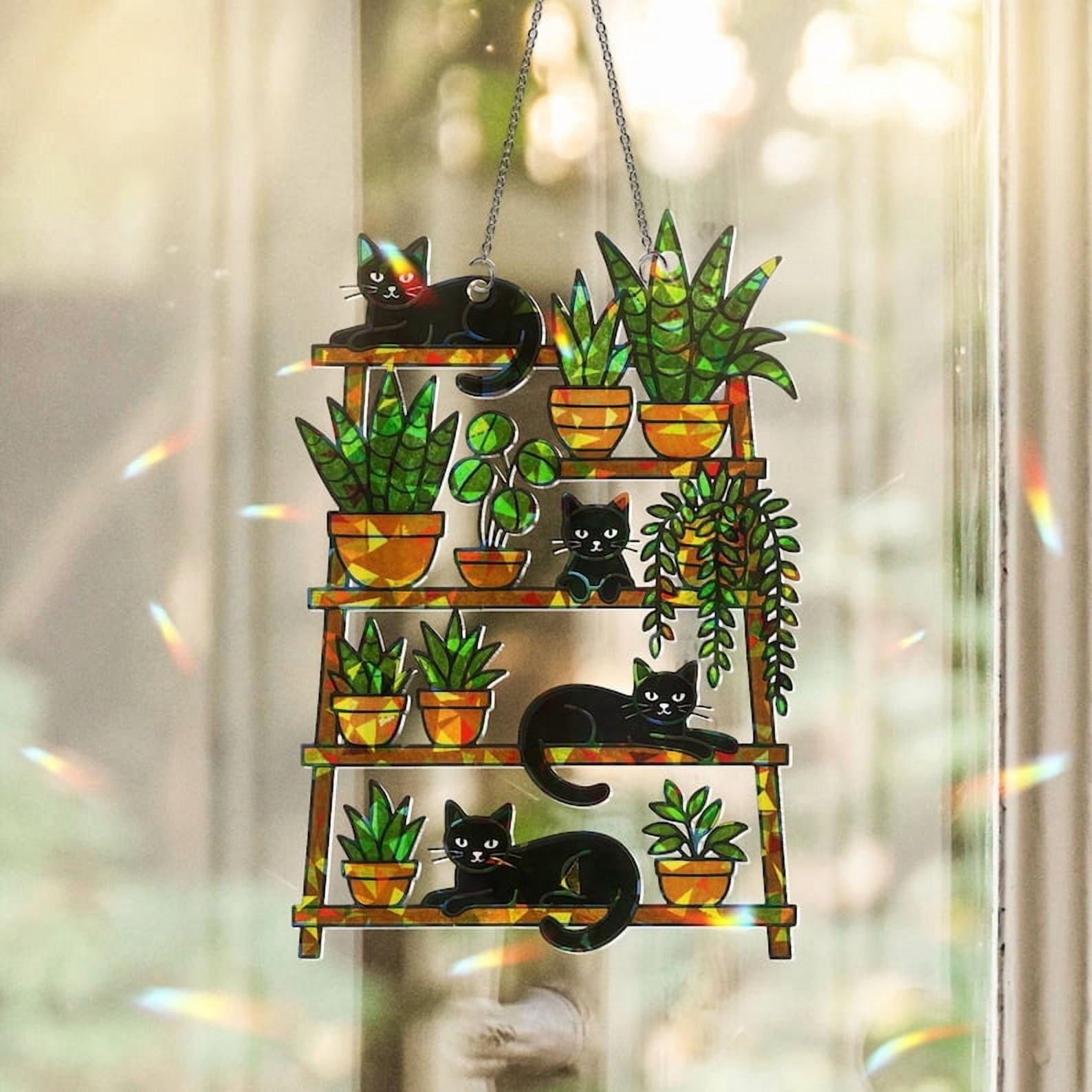 ViciArt Black Cat & Plant Shelf Acrylic Window Hanging – 9" Holographic Cat Lover Suncatcher Decor