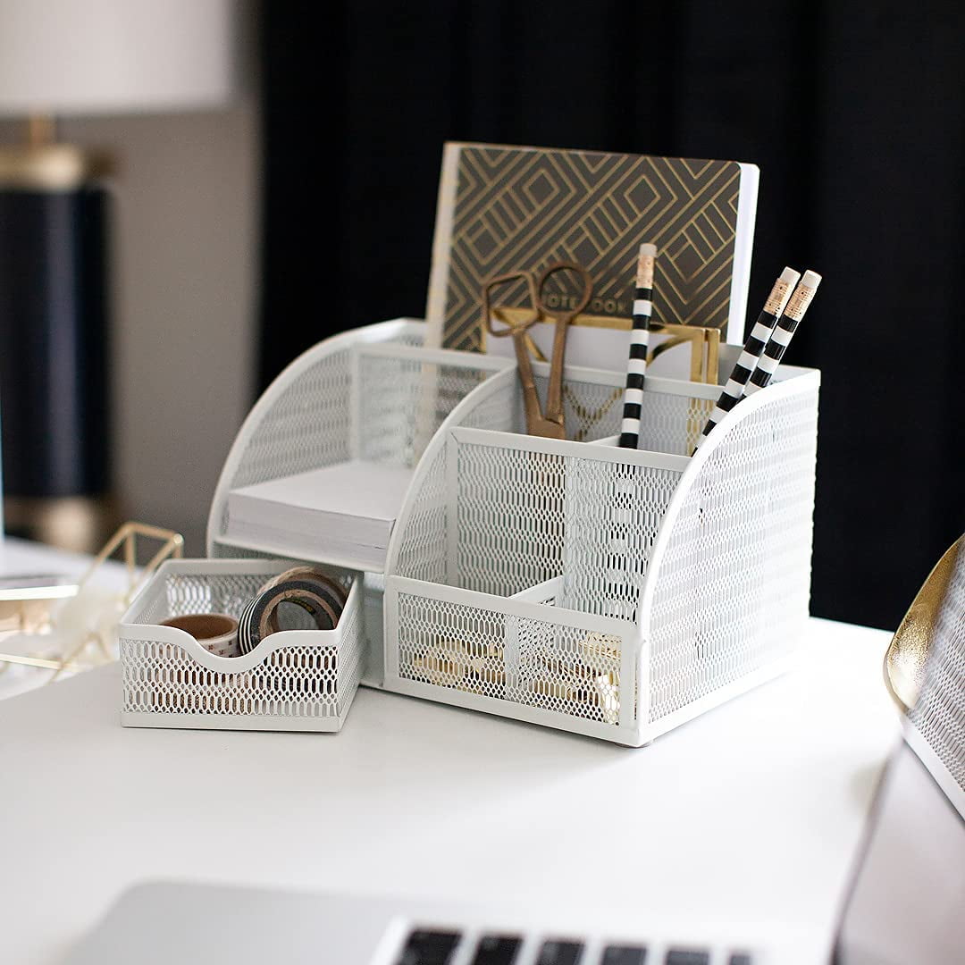 Blu Monaco Monte Unique Metal White Desk Organizer with Drawer