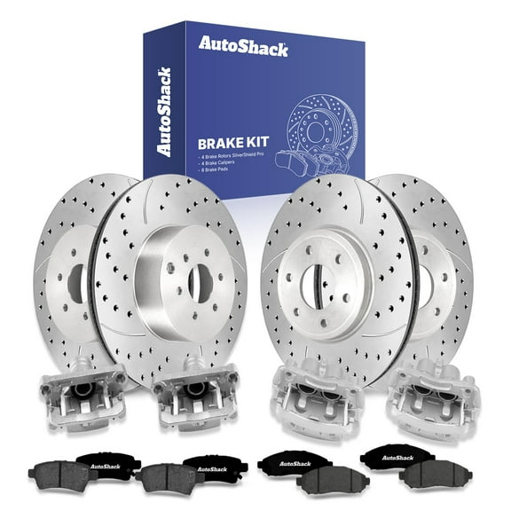 AutoShack Front Vented & Rear Vented Drilled & Slotted Silver Zinc Coated Brake Rotors   Premium Ceramic Pads   Calipers 16-PC Brake Kit Replacement for 2006-2007 Nissan Xterra SilverShield Pro