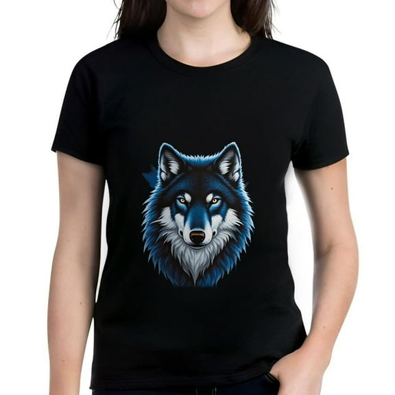 Men's Cotton Short Sleeve T-Shirt with Bold Blue Wolf Graphic Design - Detailed Central Print on Black Background