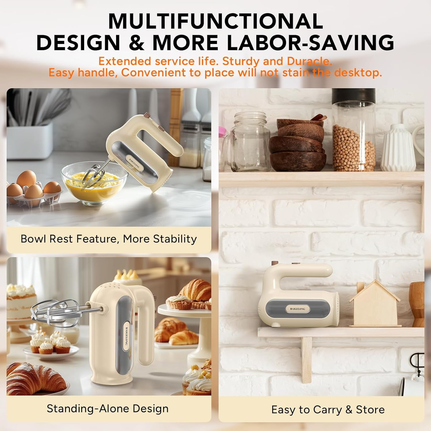 Hand Mixer Electric, 5-Speed Small Handheld Mixer, 2* (Dough Hooks & Beaters) Food Blender, Kitchen Blender for Baking, Cream, Cookies, 304 Dishwasher Safe