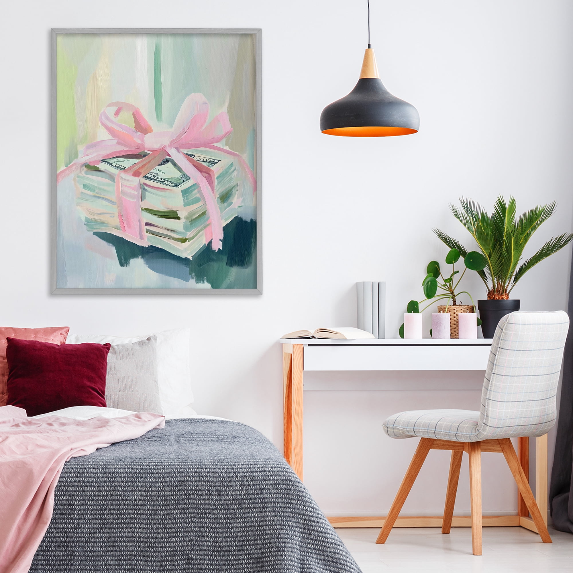 Stupell Industries Pink Bow Cash Bundle Gray Framed Giclee Art, design by The Prints Vibe