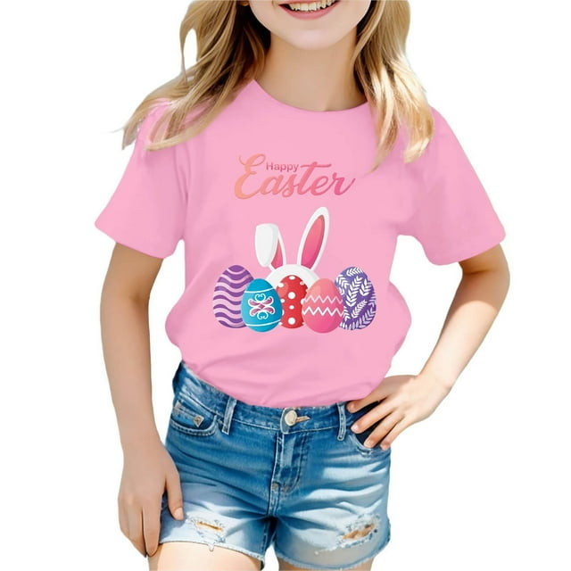 MIASHUI T-Shirt à Manches Courtes pour Enfants Joyeuses Pâques Imprimé Œuf Bunny, Rose, 10-11 Ans