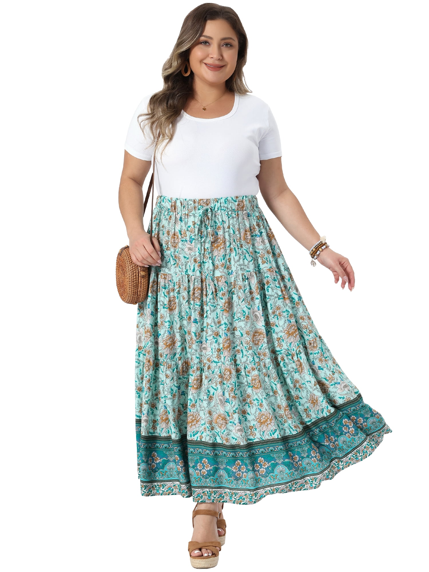 DARING DIVA Women's Plus Boho Maxi Skirt A-Line Tiered Long Skirts 2X Light Green