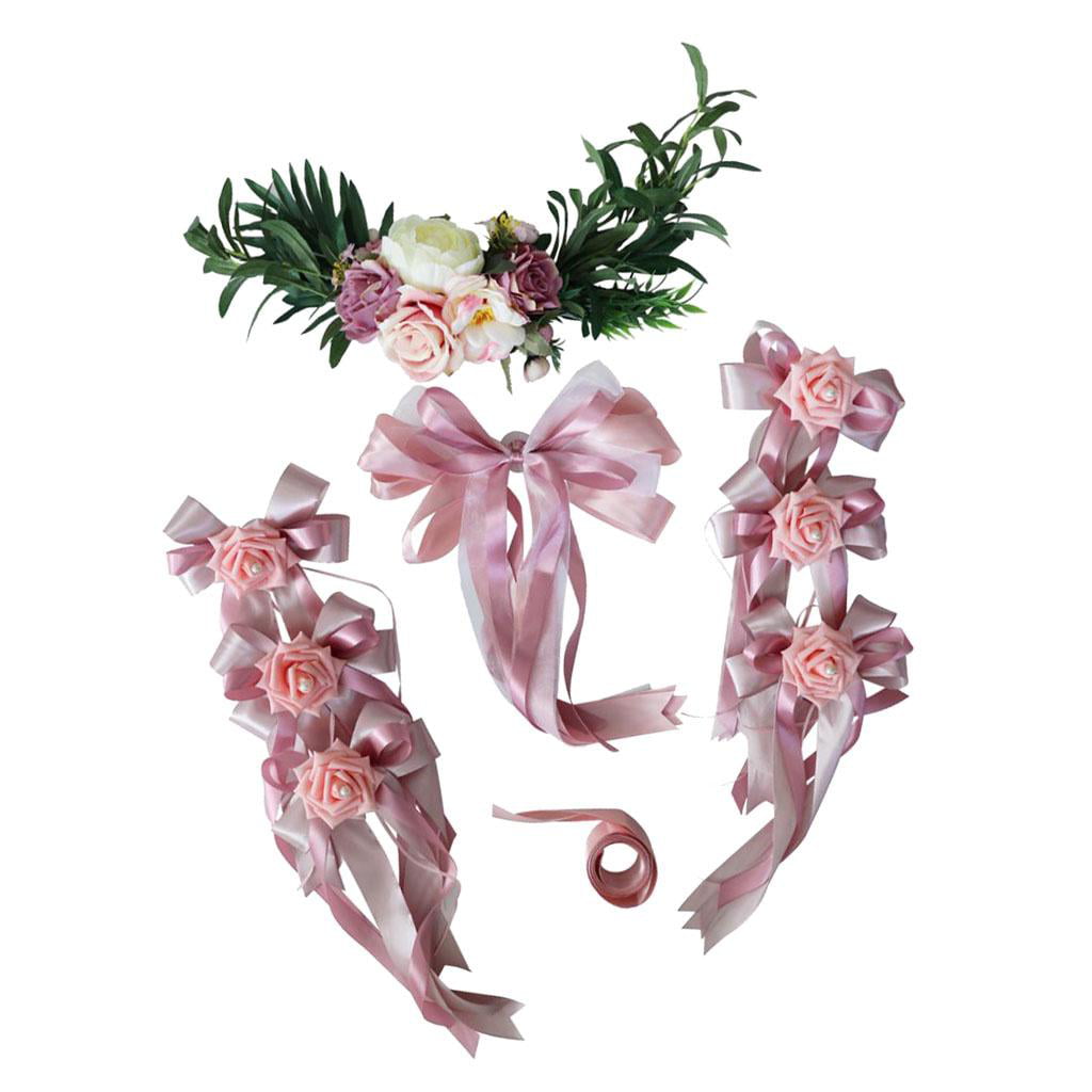 9pcs Wedding Car Decor Kit Artificial Silk Flower Wreath Satin Ribbon Bows Set 