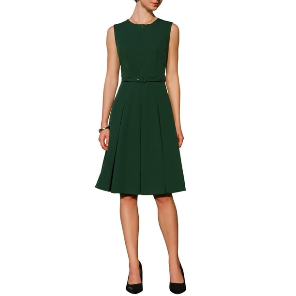 Vestido sin mangas para mujer INSPIRE CHIC con cremallera, cinturón y corte acampanado, vestido midi para el trabajo, color verde oscuro