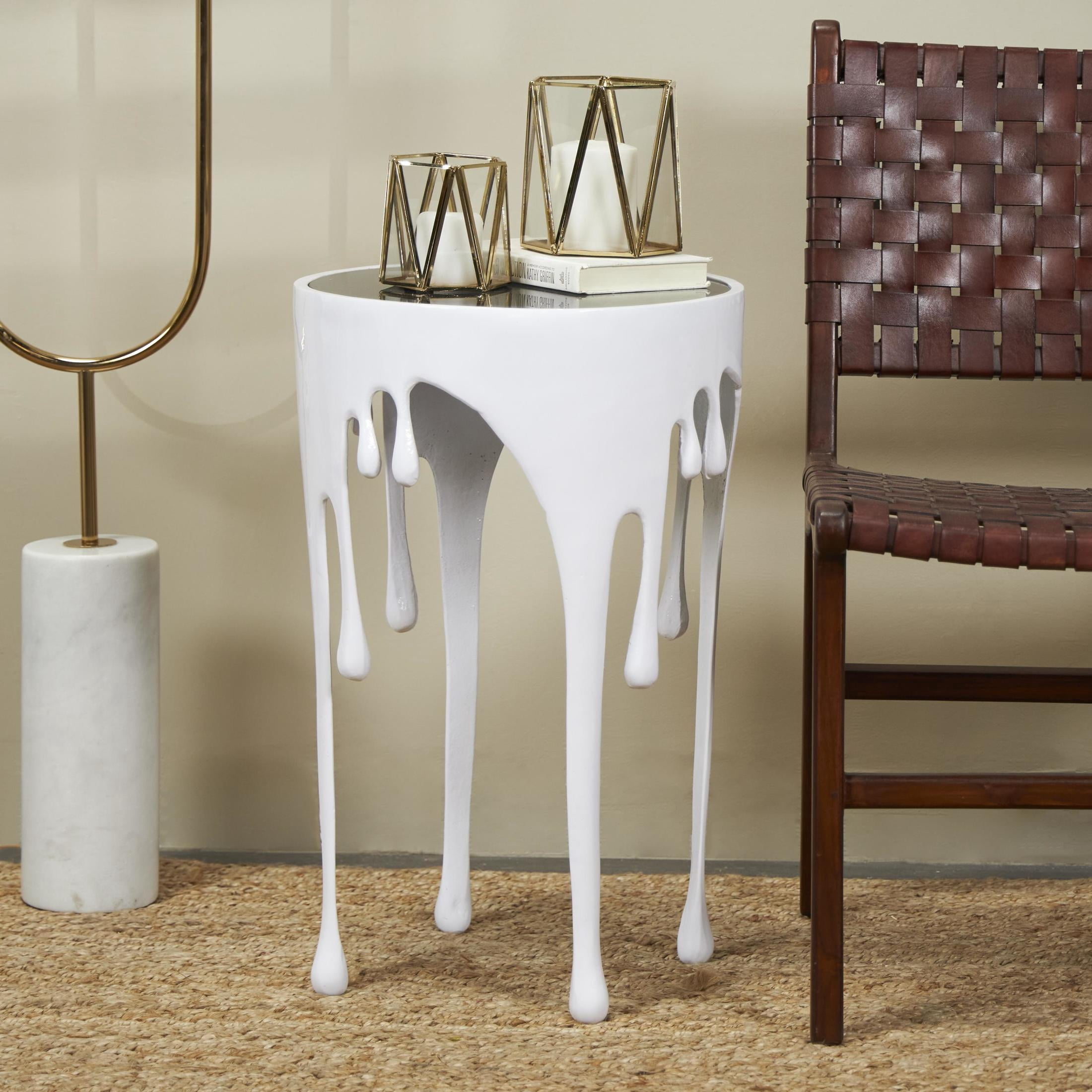 DecMode 16" x 25" White Aluminum Metal Drip Abstract Accent Table with Melting Designed Legs and Black Glass Top, 1-Piece