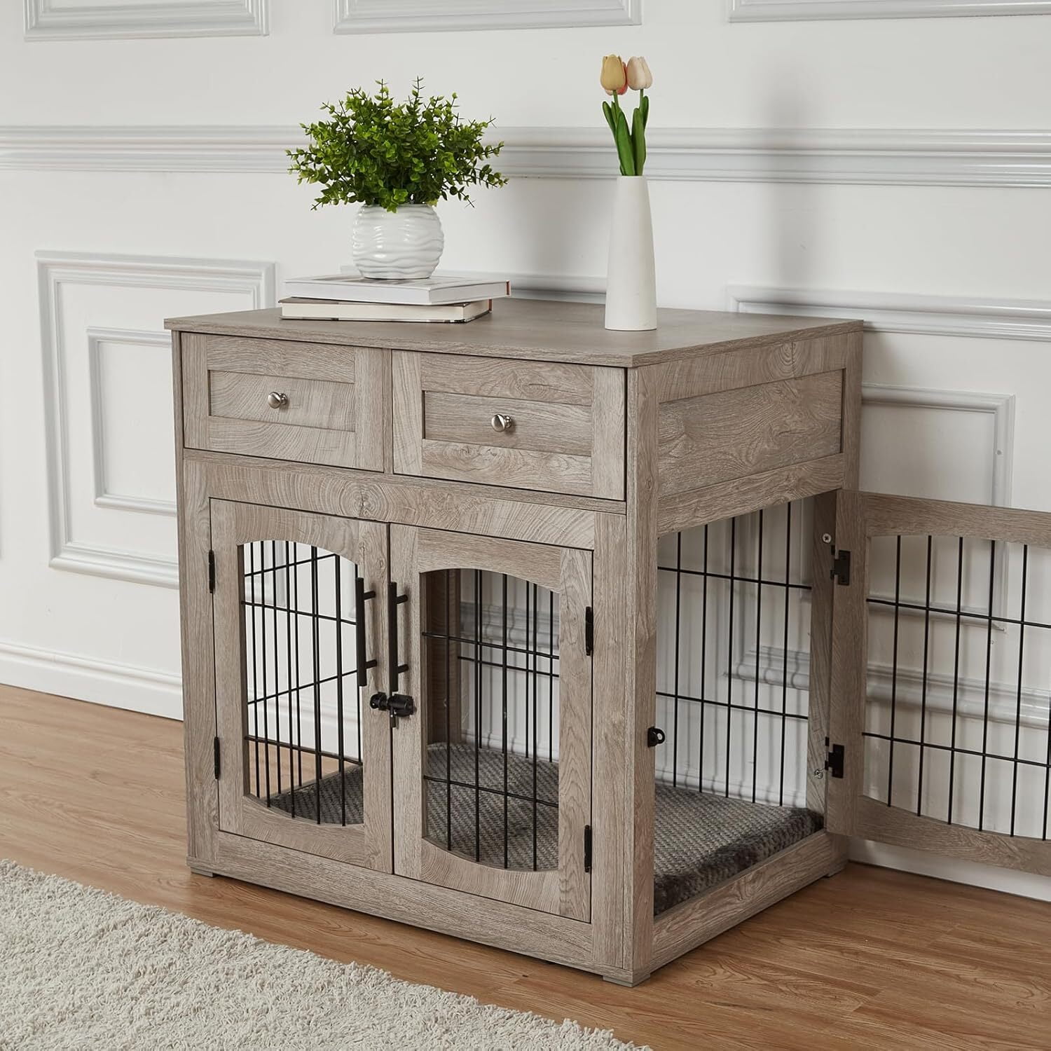 Emorefun Wooden Dog Crate Furniture, 40" Heavy Duty Dog Kennel with Cushion & Drawers for Indoor, Gray