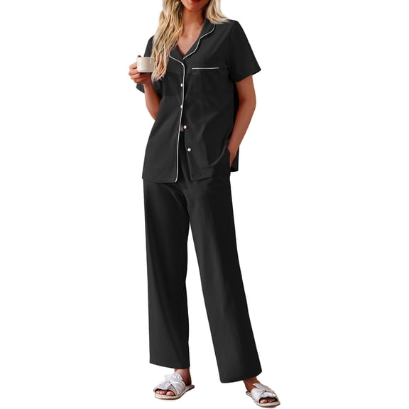 Ekouaer Women's 100% Cotton Pajamas Set Short Sleeve Button Down Pjs 2 Piece Soft Sleepwear with Long Pants Lounge Set