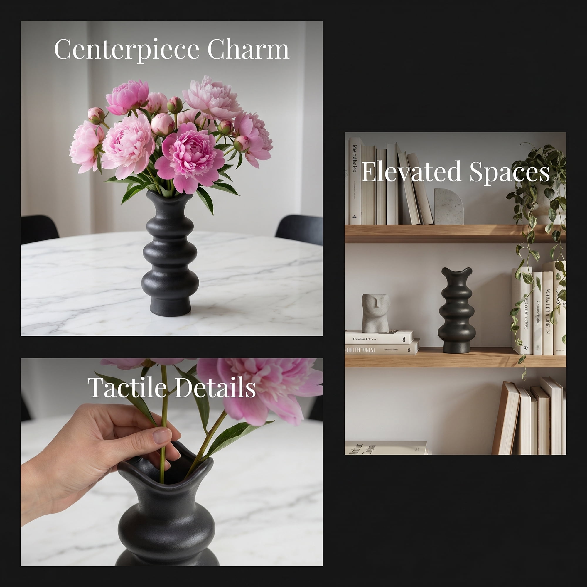 Unique Bargains Geometric Tiered Ceramic Sculptural Flower Vase Black 3.9"x 3.9"x 8.3"