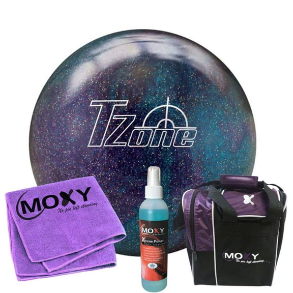 Brunswick T-Zone Deep Space Bowling Ball | Moxy Strike Purple Bowling Bag | Moxy Purple Micro Fiber Towel | Moxy Xtreme Power Cleaner Package