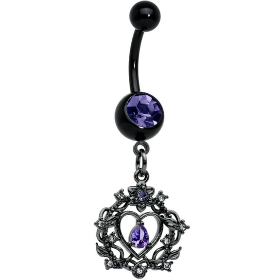 Body Candy Womens 14G Black PVD Steel Belly Ring Piercing Crown Heart Dangle Belly Button Ring