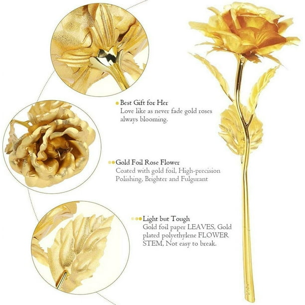 Rose en or 24 carats à longue tige feuille d'or artificielle Rose